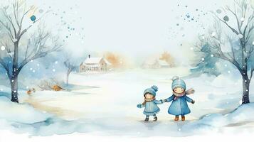 waterverf illustratie van kinderen in de winter. waterverf handgemaakt.a levendig illustratie voor uw ontwerp en decoratie. foto