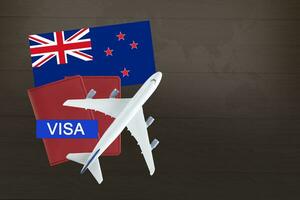 Visa met nieuw Zeeland vlag, paspoort, vliegtuig en wereldbol, reis reizen immigratie. foto