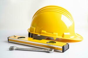bouwkundig huis plan project blauwdruk en geel helm met rekenmachine, ingenieur bouw hulpmiddelen. foto