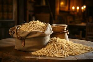 zak van tarwe en oren van tarwe Aan een houten achtergrond. agrarisch producten concept foto