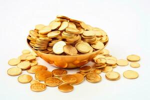 gouden munten en blokken voor Aziatisch nieuw jaar welvaart geïsoleerd Aan een wit achtergrond foto