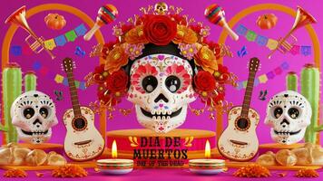 3d renderen illustratie voor dag van de dood, dia de Muertos altaar concept. samenstelling van schattig suiker schedels, wit kaarsen, goudsbloem bloemen van de dood. 3d illustratie. foto