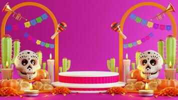 3d renderen illustratie voor dag van de dood, dia de Muertos altaar concept. samenstelling van schattig suiker schedels, wit kaarsen, goudsbloem bloemen van de dood. 3d illustratie. foto