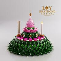 3d renderen illustratie loy krathong festival en yi peng festival in Thailand krathong van banaan bladeren, bloemen, kaarsen en wierook stokken, volle maan, rivier, en nacht achtergrond kleur. foto