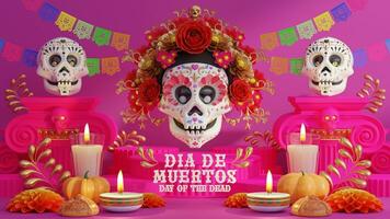 3d renderen illustratie voor dag van de dood, dia de Muertos altaar concept. samenstelling van schattig suiker schedels, wit kaarsen, goudsbloem bloemen van de dood. 3d illustratie. foto