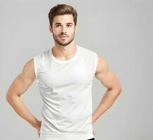 jong Mens vervelend blanco wit tank top mockup afdrukken presentatie mockup ai genereren foto