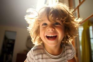 ai gegenereerd laag hoek schot van een glimlachen schattig jongen, dichtbij omhoog hoofd schot foto