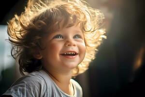 ai gegenereerd laag hoek schot van een glimlachen schattig jongen, dichtbij omhoog hoofd schot foto