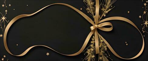 een elegant Kerstmis groeten banier met gouden kolken linten sierlijk kronkelend in de omgeving van schijnend sterren Aan een rijk zwart achtergrond foto