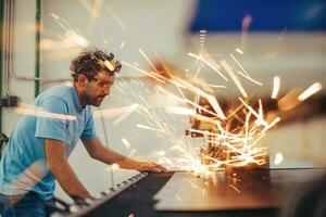 binnen zwaar industrie. een Mens werken in een modern fabriek Aan een cnc machine. selectief focus foto