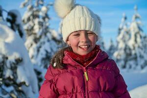 schattig weinig meisje Aan mooi winter dag foto