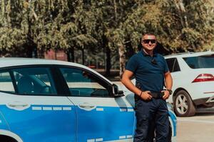 een politie agent patrouilles de stad. een Politie officier met zonnebril patrouilleren in de stad met een officieel Politie auto foto