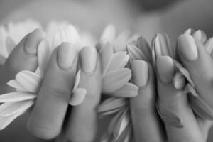 vrouw handen met manicure Holding bloem foto