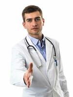 portret van een dokter Holding uit zijn hand- net zo een ondersteuning naar een geduldig geïsoleerd Aan een wit achtergrond foto