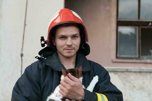 detailopname portret van heroïsch brandweerman in beschermend pak en rood helm houdt opgeslagen kat in zijn armen. brandweerman in brand vechten operatie. foto