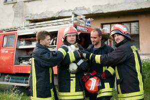 brandweerlieden groep in een beschermend pak en rood helm houdt opgeslagen kat in zijn armen. brandweerman in brand vechten operatie. foto