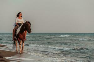 vrouw in zomer kleren geniet rijden een paard Aan een mooi zanderig strand Bij zonsondergang. selectief focus foto