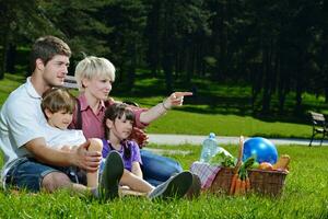 gelukkig familie spelen samen in een picknick buitenshuis foto