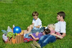 gelukkig familie spelen samen in een picknick buitenshuis foto