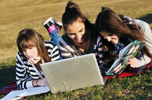 groep van tieners werken Aan laptop buitenshuis foto
