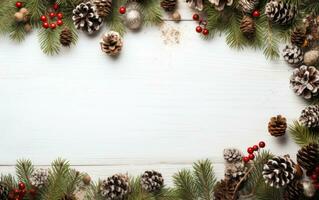 Kerstmis vakantie achtergrond met achtergrond met pijnboom kegels en takjes. vrolijk Kerstmis groeten kaart foto