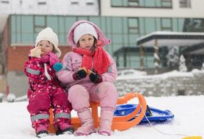 portret van twee weinig grils zittend samen Aan sleeën foto