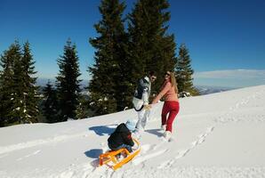 familie hebben pret Aan vers sneeuw Bij winter foto