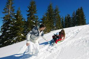 familie hebben pret Aan vers sneeuw Bij winter foto