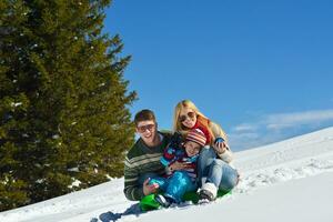 familie hebben pret Aan vers sneeuw Bij winter foto