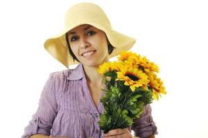 vrouw met zonnebloem geïsoleerd Aan wit foto