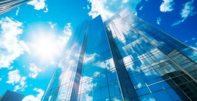 financieel wijk, bedrijf wolkenkrabber, zon schittering in de ramen van de gebouw - ai gegenereerd beeld foto