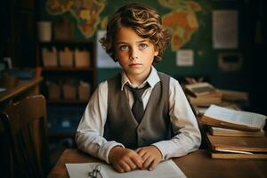weinig jongen zittend alleen in zijn bureau met notitieboekje foto