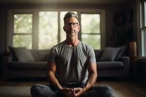een Mens in bril zit naar beneden en maakt oog contact met de camera terwijl mediteren in zijn huis foto