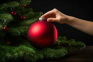 vrouw hand- zetten ornament bal Aan Kerstmis pijnboom ai gegenereerd foto