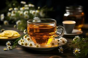 kop van aromatisch kamille thee met vers bloemen en citroen plakjes Aan de tafel. biologisch en natuurlijk, kruiden heet gezond drank. ai generatief foto