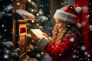 een weinig meisje sturen een brief naar de kerstman claus in de Kerstmis postbus. winter traditie omringd door sneeuwvlokken. ai generatief foto