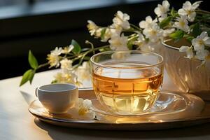 kop van aromatisch jasmijn thee met vers bloemen Aan de tafel. biologisch en natuurlijk, kruiden heet gezond drank. ai generatief foto