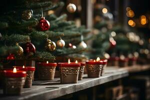 modern op te slaan winkel teller met feestelijk Kerstmis huis decoratie. ai generatief foto