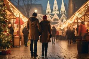 jong paar Aan Kerstmis markt, winter weer atmosfeer, geniet vakantie winkelen. ai generatief foto