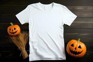 wit vrouwen t-shirt halloween mockup met pompoenen en bladeren Aan donker achtergrond. ontwerp t overhemd sjabloon, afdrukken presentatie bespotten omhoog. top visie vlak leggen. gegenereerd ai. foto