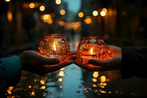 handen van jong paar Holding vlammend diya lamp Aan feestelijk goud gloeiend bokeh achtergrond. diwali Hindoe festival van lichten viering. foto