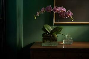 mooi tropisch roze phalaenopsis orchidee in een glas pot Aan een borst van lades, in een interieur met groen muur, donker achtergrond. kopiëren ruimte. ai gegenereerd. foto