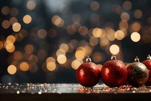 Kerstmis sprankelend goud en rood ballen met schitteren lichten en wazig achtergrond. feestelijk mockup banier met creatief snuisterij decoratie en kopiëren ruimte. foto