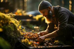 midden- oud Mens plukken champignons in de herfst Woud. plukken seizoen en vrije tijd mensen, vallen concept. foto