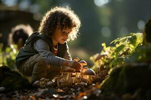 gelukkig kind plukken champignons in de herfst Woud. plukken seizoen en vrije tijd mensen, vallen concept. foto