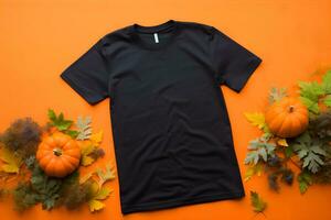 zwart vrouwen t-shirt halloween mockup met pompoenen en bladeren Aan oranje achtergrond. ontwerp t overhemd sjabloon, afdrukken presentatie bespotten omhoog. top visie vlak leggen. gegenereerd ai. foto