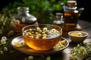 kop van aromatisch kamille thee met vers bloemen en citroen plakjes Aan de tafel. biologisch en natuurlijk, kruiden heet gezond drank. foto