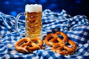 oktoberfeest bier mokken en pretzels Aan een houten tafel met traditioneel handdoek Bij blauw achtergrond. foto