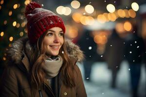 jong vrouw Aan Kerstmis markt met besneeuwd het weer, geniet winter vakantie het weer. foto