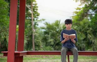 Aziatisch jong jongen zittend lezing boek Bij oever van het meer paviljoen in tuin, kinderen lezing boek en Leren, jongen met boek, concept van onderwijs en natuurlijk, natuurlijk en zonsondergang achtergrond, duurzaamheid. foto